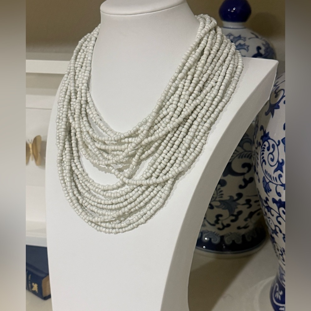 Vintage Multi-strand White Beaded Necklace with Rhinestone and Gold Clasp